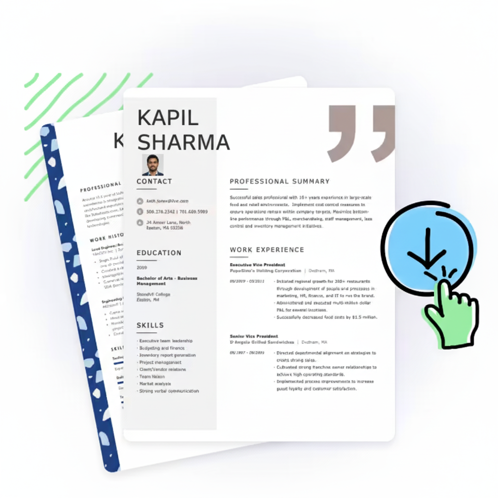 Three sample resume designs with different styles and colors